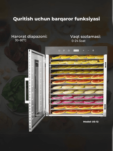 Sabzavot va mevalar uchun quritgich / meva, sabzavot va pastilalar uchun degidrator Uskunalar.uz US-12