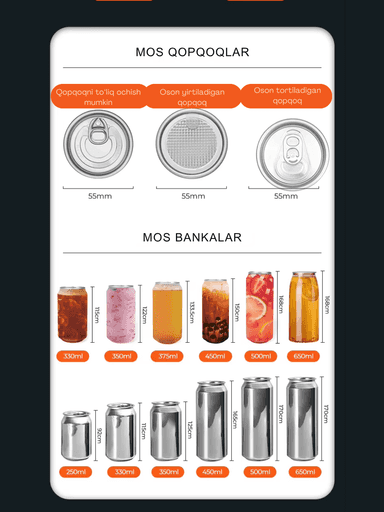 Alyuminiy bankalarni qopqoq bilan yopish va plastik butilkalarni muhrlash uchun moslam