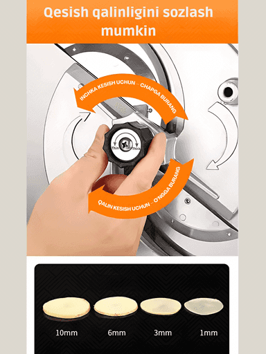Elektr tilimlash mashinasi, slyayser, meva va muzlatilgan go‘shtni tilimlash uchun