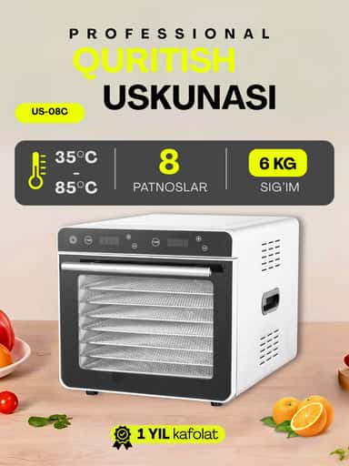 8 poddonli degidrator quritgich, meva va sabzavotlar uchun quritish uskunasi raqamli vaqt va haroratni nazorat qiluvchi