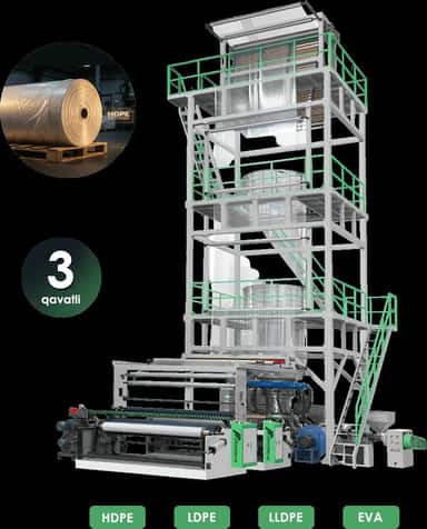 Uch qavatli polietilen plyonka ishlab chiqarish uskunasi | maks. rulon kengligi 1200 mm