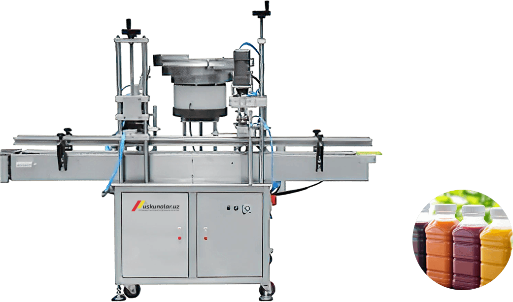 qopqoqlash uskunasi, burama qopqoqli qadoqlash, burama qopqoq qo'yish uskunasi, baklashka yopish uskunasi, sirop qadoqlash uskunasi, sok yopish uskunasi