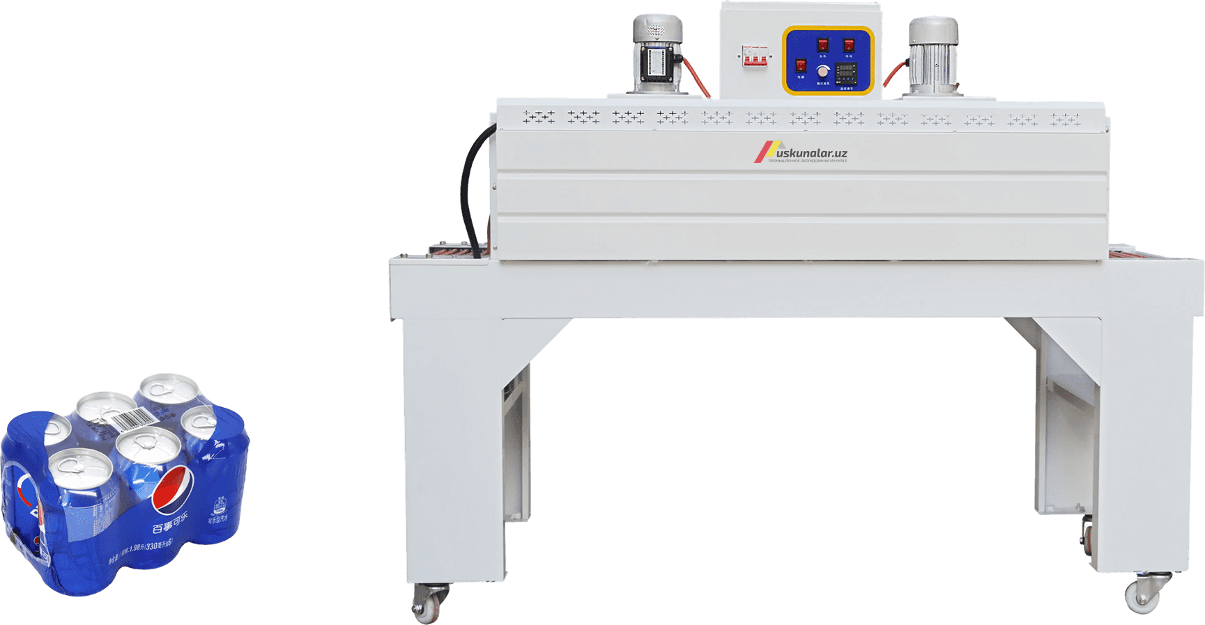 termoqadoqlash, muhrlash va kesish, POF, konveyer, sirkulyatsion termoqadoqlash, qutili choy qadoqlash, qutili kofe qadoqlash, gazli ichimlik qadoqlash, baklashka bloklash, shishani bloklash uskunasi, plyonka o'rash uskunasi, bloklash uskunasi